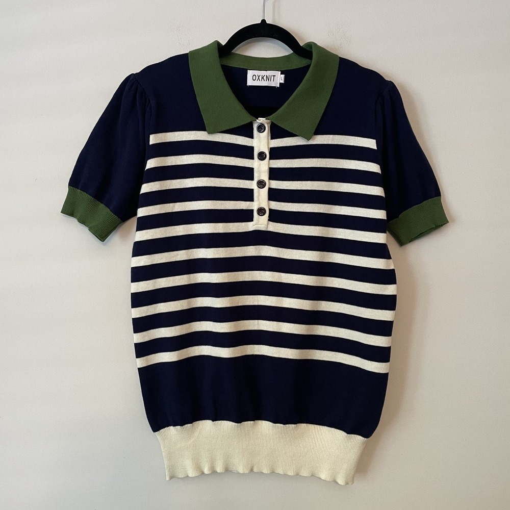 OXKNIT Mens Striped Short Sleeve Knit Polo Shirt Navy Size L Preppy Tennis Retro
